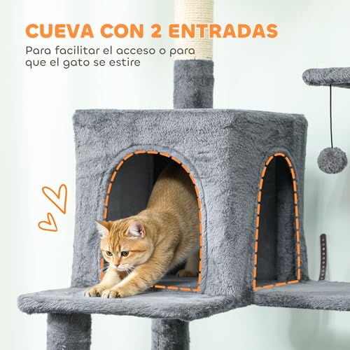 PawHut Árbol Rascador para Gatos, Árbol para Gatos 202 cm, Torre Escalador con Plataformas, 2 Hamacas, 2 Cuevas, 6 Postes de Sisal, 3 Bolas y Cuerda para Jugar, Gris Oscuro - imagen 4