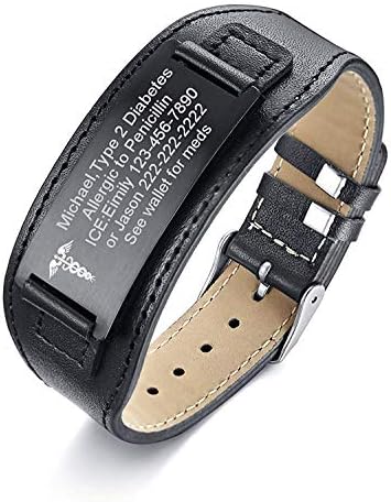 VNOX Custom Personalized Medical Alert Wide Genuine Leather ID Tag Adjustable Wristband Bracelet for Men,6.7"-8.7"