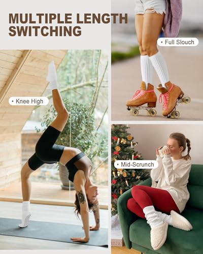 Image of Aoliks Pilates Grip Socks for Women, Slouch Non Slip White Yoga Socks for Barre Reformer Class, Scrunch Grippy Socks for Indoor Home Exercise