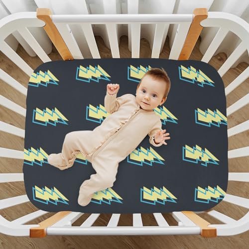 Image of Lightning Bolt Black Fitted Crib Sheets Stretchy Portable Playard Sheets for Baby Toddler, Breathable Soft Mini Crib Mattress 52 x 28 in for Boys and Girls