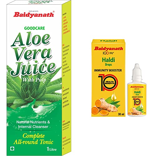 Image of Baidyanath Aloe Vera Juice with Pulp - An All-Round Tonic for Skin and Hair - 1L & Baidyanath Haldi Drops - Natural Immunity Booster - 30 ml