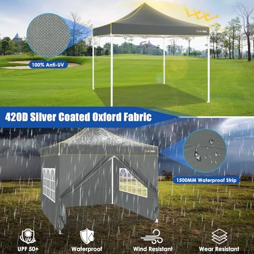 Image of HOTEEL Pop Up Canopy Tent 10x10 with Sidewalls, Commercial Instant Waterproof Canopy for Vender Patio, UV 50+ with Silver Coated, Upgraded Thickened Hexagonal Legs, Gray