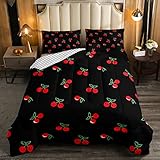 Erosebridal Red Cherry Bedding Set for Kids, Fruit Kawaii Comforter Set Full, Cute Cherry Cartoon Quilted Duvet for Boys Girls Women Bedroom Decor, Reversible Luxury Cherry Quilted Comforter, Black