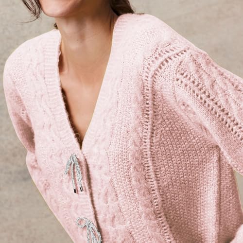 Image of Women Y2K Solid Color Knit Cardigan Long Sleeve V Neck Bow Button Open Front Sweater Top Vintage Going Out Knitwear