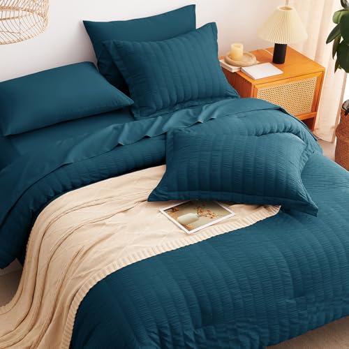 Image of CozyLux King Size Comforter Set Lyons Blue, 7 Pieces Seersucker Textured Luxury Bed in a Bag, All-Season Soft Bedding Sets with Down Alternative Comforter, Sheets, Pillowcases & Shams, Bedroom Bed Set