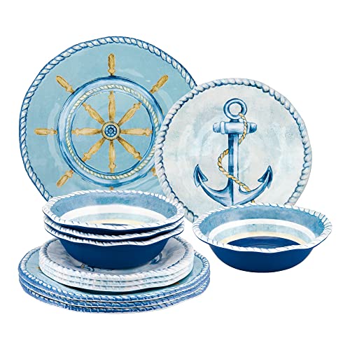 UPware 12 Piece Sail Away Melamine Dinnerware Sets, Outdoor Dishes Set, Plates and Bowls Sets, Service for 4, Blue UPware 12 Piece Sail Away Melamine Dinnerware Sets, Outdoor Dishes Set, Plates and Bowls Sets, Service for 4, Blue