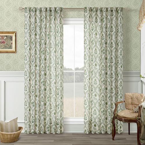 Image of Green Floral Linen Curtains 84 Inch Length for Living Room Bedroom 2 Panels | Semi Sheer, Patterned Curtains, Back Tab, Olive Flower on Beige, Farmhouse, Boho, French Country, Window Drapes