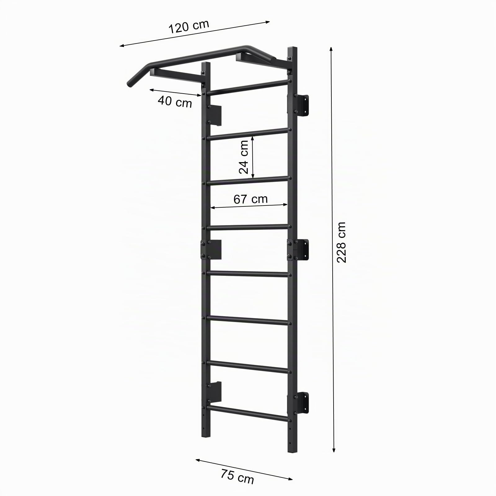 QLS Sprossenwand mit Klimmzugstange Stahl bis 250 kg 228 cm Schwarz | Wandmontage für Home Gym mit 115 cm breiter Klimmzugstange. Profil 40 x 40 x 2 mm, Montagesatz ohne Wanddübel
