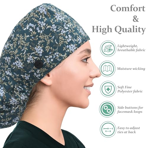 Image of Satin Lined Scrub Cap for Women, Bouffant Nurse Cap with Sweatband and Buttons, Adjustable Surgical Hat for Curly Hair, Braids, Long Hair and Buns