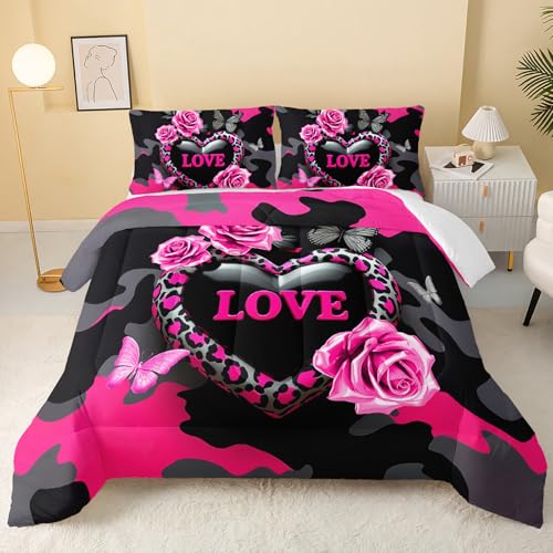 Image of QOOMO 3Pcs Flowers Comforter Set Twin Size,Leopard Print Bedding Set for Teens Boys Girls,Pink Comforter with 2 Pillowcases,Soft and Lightweight