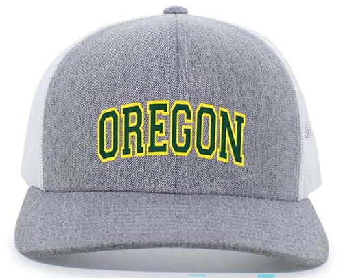 Heritage Pride Oregon Football Team Color State Name Embroidered Mesh Back Trucker Hat-Oregon-Heather Grey/White