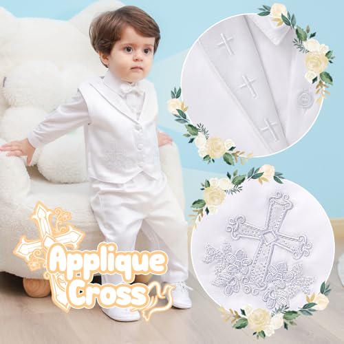 Booulfi Boys Baptism & Christening Outfits - White Tuxedo Suit for Toddler Boys, 5 Pcs Set, Size 2-3T - Thumbnail 2