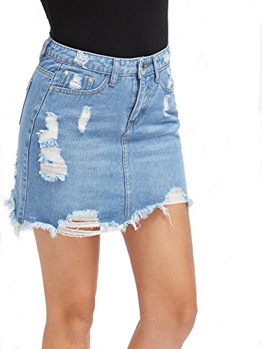 Verdusa Women's Casual Distressed Ripped A-Line Denim Short Skirt A-Blue#1 L