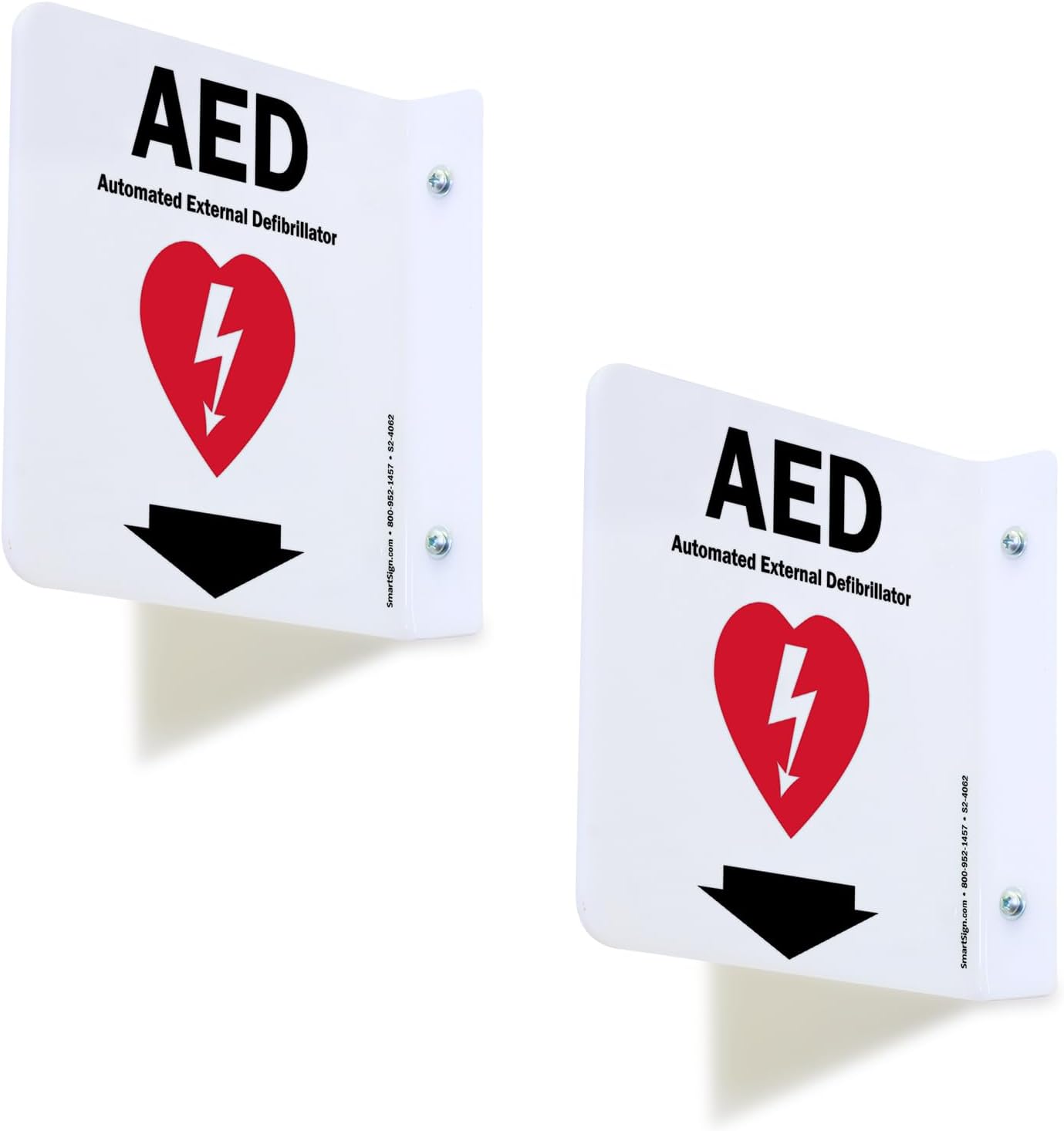 SmartSign (2-Pack) AED Projecting Sign - 6" x 6", Two-Sided Wall Mount Polished Acrylic Hallway Sign with Down Arrow, Red, Black and White