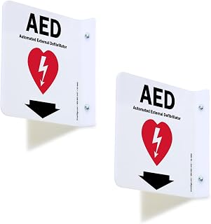 SmartSign (2-Pack) AED Projecting Sign - 6" x 6", Two-Sided Wall Mount Polished Acrylic Hallway Sign with Down Arrow, Red, Black and White