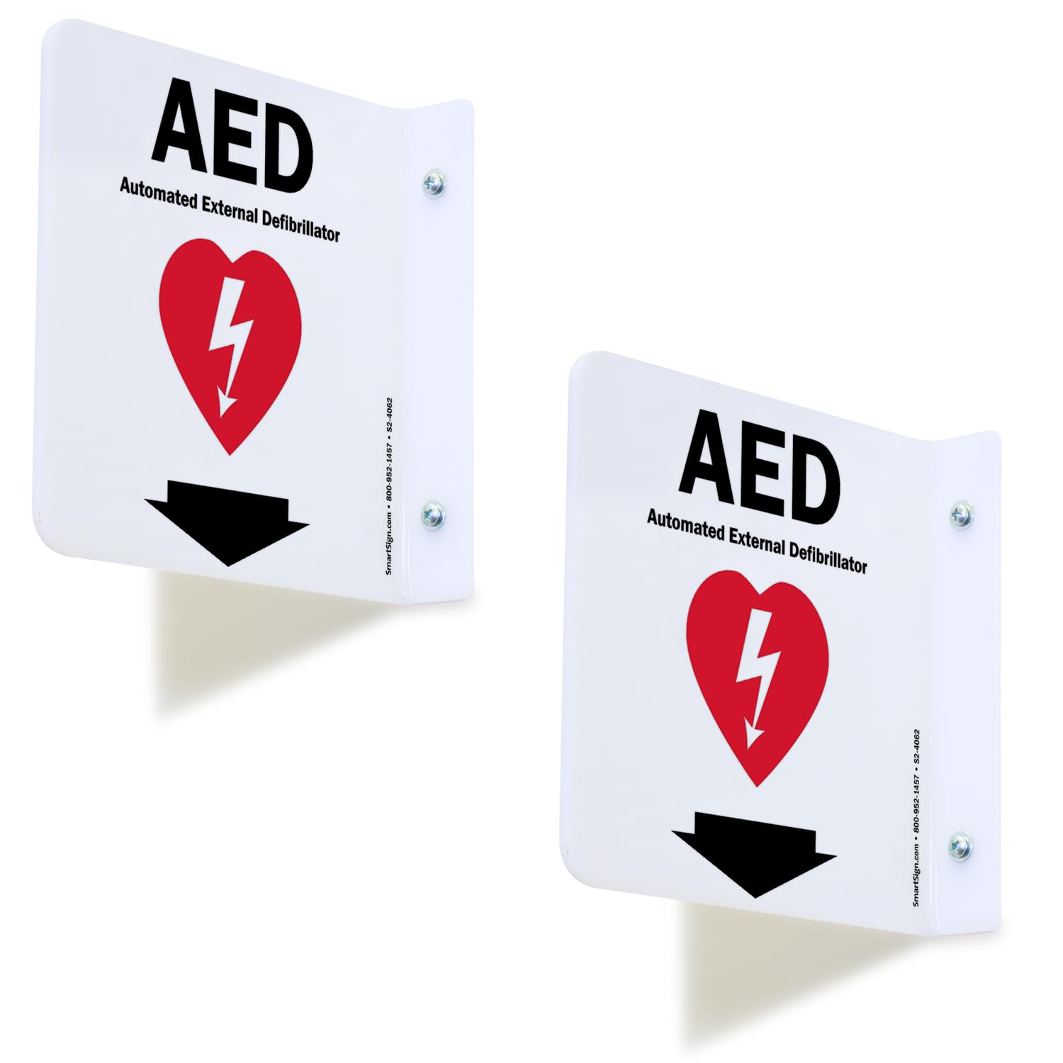 SmartSign (2-Pack) AED Projecting Sign - 6" x 6", Two-Sided Wall Mount Polished Acrylic Hallway Sign with Down Arrow, Red, Black and White