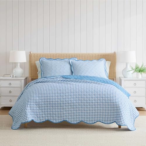 Martha Stewart - Queen Quilt Set 100% Soft & Breathable Bedding with a Lightweight Feel for Year Round Comfort 3 Piece Bed Set with Matching Pillowcases (Olivia Gingham Blue)