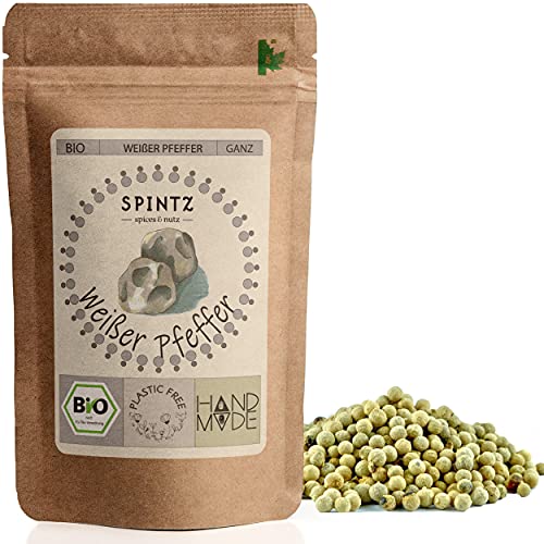 SPINTZ® BIO Weiße Pfefferkörner aus 100% kontrolliert biologischem Anbau | Weißer Pfeffer ganz | Plastikfrei verpackter Pfeffer für Mühle | Pfeffer weiß ganz (250g) Cover
