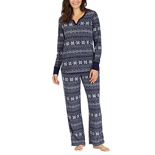 Nautica Womens 2 Piece Fleece Pajama Sleepwear Set (Navy Fair Isle, Large)