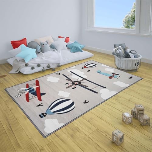 Image of Matz&More Kids Play Area Rug | 100x150 cm | Grey Blue Sky Adventure Design| Soft Nylon Loop Pile Carpet with Anti-Slip Backing | Children's Play, Bed & Classroom Floorings