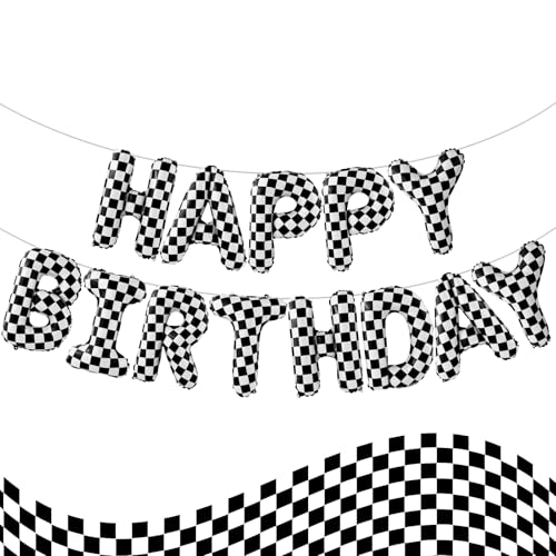 Racing Cars Themed Happy Birthday Banner Party Decorations Kit with Racing Cars Balloons, Checkered Backdrop Supplies for Boys Kids Indoor Outdoor Celebration Themed Party Essentials (Car Black+White)