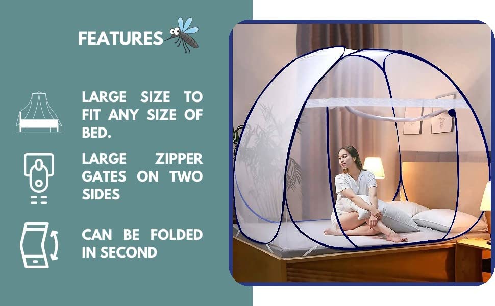 Image of Mosquito Net for Double Bed | King Size Foldable Machardani | Polyester Fabric 30GSM Strong Net | PVC Coated Corrosion Resistant Steel Wire Doubell Bed (Dark Blue) 9
