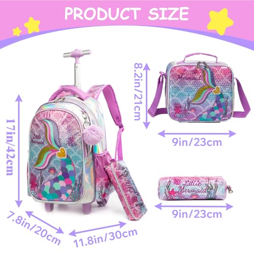 Egchescebo Kids Rolling Mermaids Backpack for Girls Sequins Trolley Suitcases Luggage Travel with Wheels Bookbag Wheeled 17" Roller Backpacks Toddler Back Pack School Bags for Elementary Golden Heart2