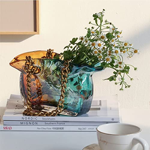 Hewego Colorful Crystal Glass Purse Vase,Hand Blown Clear Glass Vases With Metal Chain For Home Decor,Multifunctional Flower Purse Vase For Living Room,Office,Party,Study Decor #TOP9