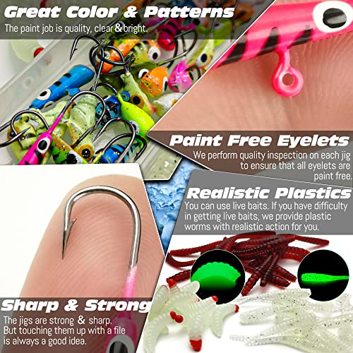 Vmsixvm Ice Fishing Jigs Tungsten Kit 67/87Pcs Glow Ice Fishing Lures Jig Heads Set With Lipless Crankbait Soft Plastic Worm Maggot In Tackle Box Micro Ice Fishing Gear For Winter Jig Crappie Walleye #TOP1