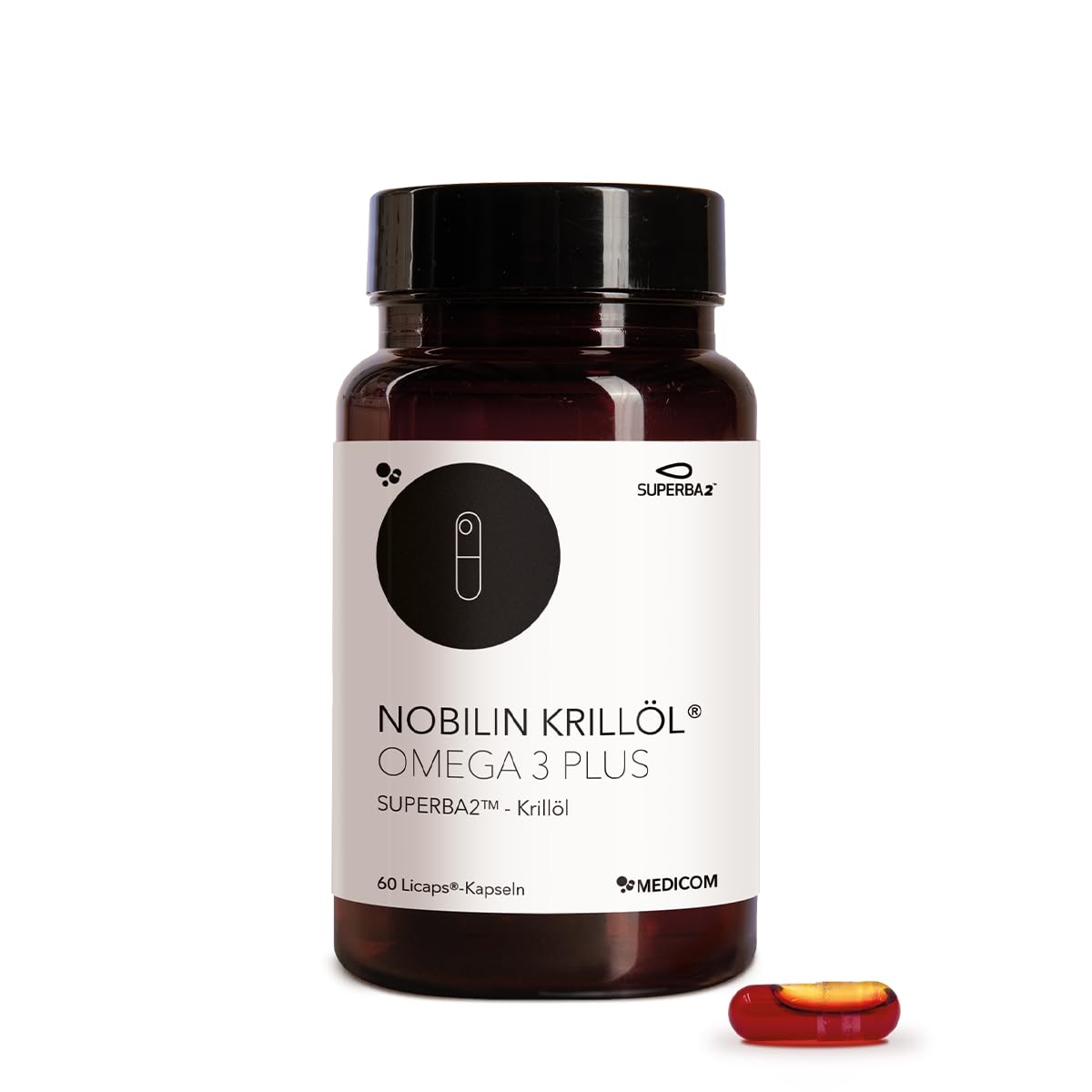 Medicom Nobilin Huile de Krill Omega 3 Plus, Acides gras oméga-3 de haute qualité, EPA & DHA, Astaxanthine, 500 mg Huile de Krill Antarctique, Licaps Licaps sans odeur - 60 gélules