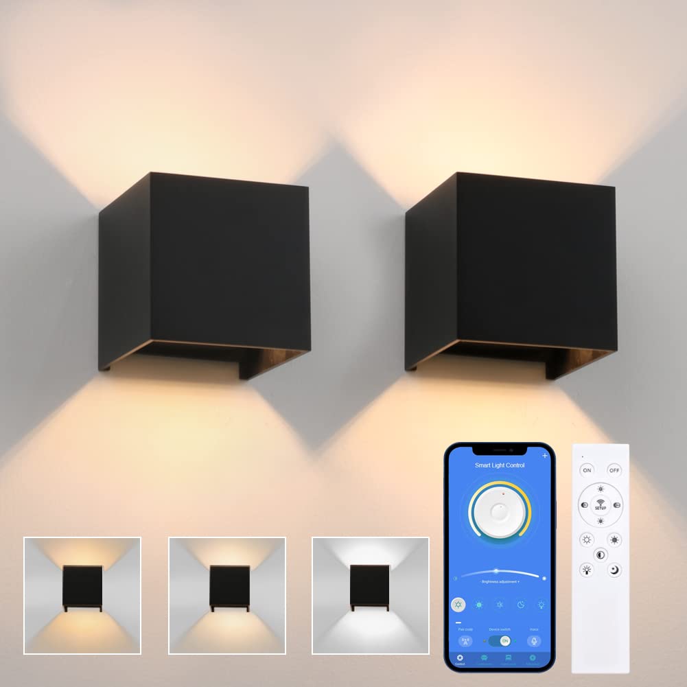 K-Bright 14W LED Dimmbare Wandleuchte, Einstellbarer Lichtstrahlwinkel, Einstellbare Helligkeit und Farbtemperatur, IP65, mit Fernbedienung, für Drinnen/Draußen, Schwarz(2 Stück)