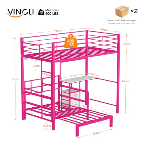 Image of VINGLI Twin Over Twin Bunk Bed with Desk, 15'' Extra High Guardrail Loft Bed with LED Lights,2 Charging Station,and 2 Storage Drawers,2 Deckers Bed,Metal Space Saving Platform Bed with Vanity,Pink