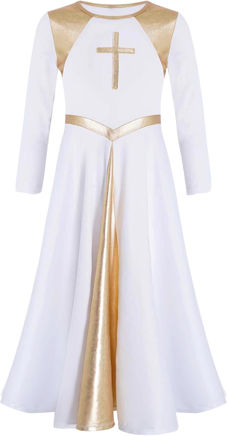 Kids Girls Metallic Bell Long Sleeve Lyrical Gowns Worship Costume Liturgical Church Praise Dress Dancewear