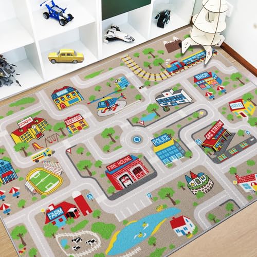 Image of Capslpad Kids Rug Educational Play Rug 6.6' x 5' Traffic Road Kids Play Car Mat Large Learning Game Area Rug Kid Carpet for Playroom Living Room Nursery Room Decor, Tan