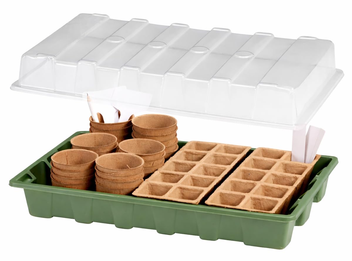 Muddy Hands 67Pcs Seed Starter Kit With Propagator Tray & Clear Humidity Dome – Biodegradable Pots & Cell Seed Trays For Indoor & Outdoor Plant Growing, Complete Propagation Set For Flowers, Herbs & Vegetables