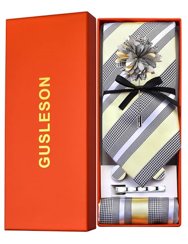 Image of GUSLESON Men's 5-pc Striped Tie Gift Set - Jacquard Necktie, Pocket Square, Cufflinks, Lapel Pin, Tie Clip - Wedding Formal Gifts