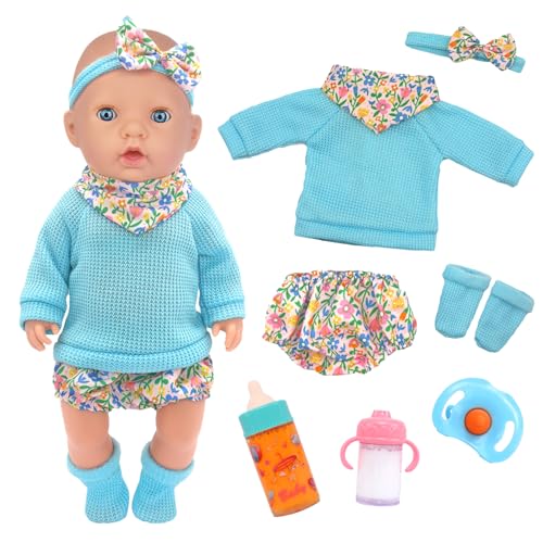 Zita Element Lot de 4 vêtements de poupée pour poupées de 35 à 43 cm, avec chaussettes, haut à manches longues, bandeau, écharpe triangulaire, petit short, bouteille de liquide, tétine (poupée non