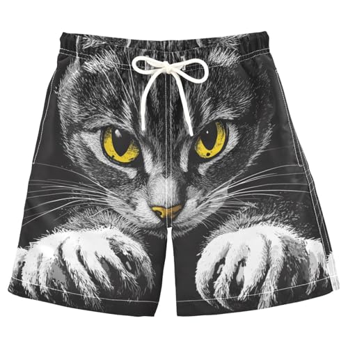 Boys Beach Board Shorts Cat Black Hunt Cute Swim Trunk Teen Swimwear 8-16Y