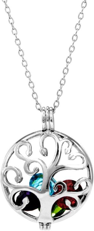 EVE'S ADDICTION Women's Sterling Silver Personalized 6mm Round Simulated Birthstone Family Tree Locket (16" chain) - Personalized Birthstone Necklaces - Family Tree Jewelry - Gifts for Mom