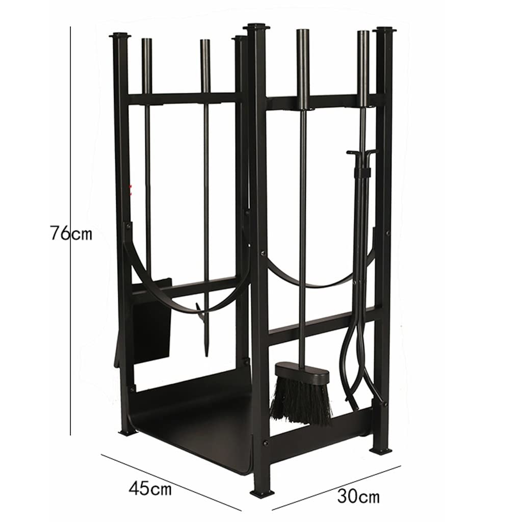 Scaffale per legna da ardere in ferro resistente con ripiano per attrezzi per la casa, organizer per legna da ardere con pala e spazzola clip in legno incluse