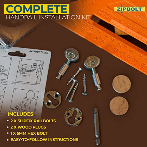 Zipbolt Handrail To Newel Post Connector — 13.810 Slipfix Railbolt, Staircase Post Fastener With 5Mm Hex And Wood Plugs, Durable, Easy Installation For Residential & Commercial Use — 1 Double Pack #TOP1