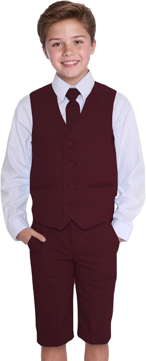 Boys Linen Suit Slim Fit Vest Shorts Shirts Tie 4 Piece Summer Beach Wedding Outfit Kids Linen Suits Set for Size 2-16 Years