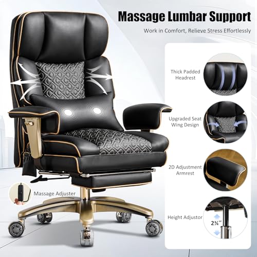 Image of Big Tall Executive Office Chair 500lbs, Comfortable PU Leather Desk Chair with Footrest Adjustable Air Back Support, Lumbar Massage Function, 360Swivel, Tilt Recline,Height Adjustment,Black