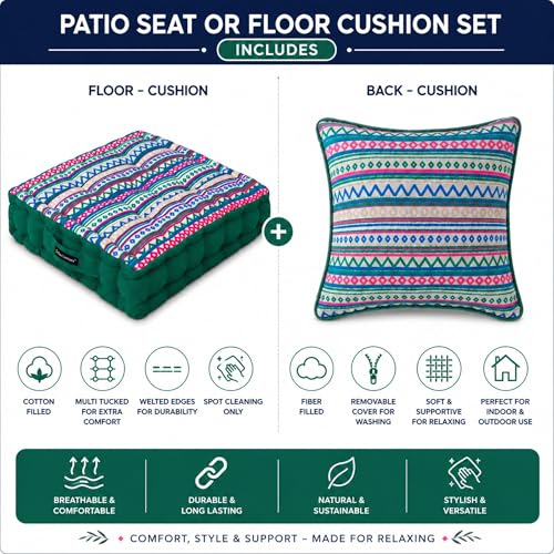 Image of Woven Quilted Floor Cushion Set 60x60x10 CM Green Boho with Fillers & Back Cushion, Large Size for Seating, Patio Seat, Meditation, Yoga, Pooja, Guests, Living 24x24x4 Inch