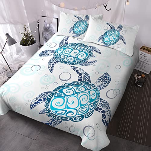 BlessLiving Sea Turtle Bedding Aqua Teal Blue Duvet Cover Sets Beach Turtle Single Size Bed Sets for Girls Women Ocean 3 Piece Turtle Themed Comforter Cover with 2 Pillowcases (Single)