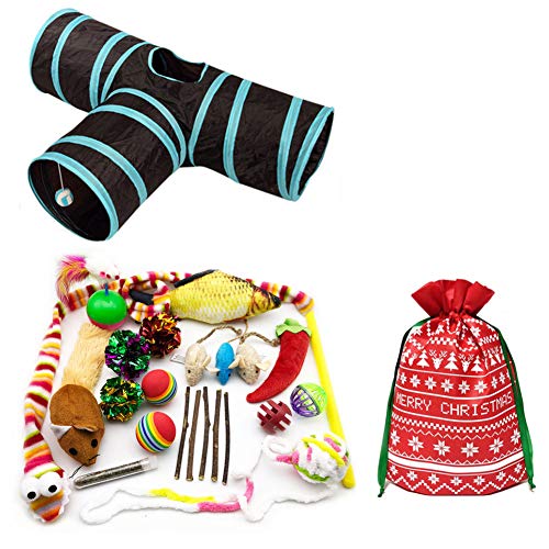 PETFAVORITES 24 Cat Toys Kitten Catnip Toys Variety Pack - 3 Way Tunnel, Interactive Wand, Fish, Mouse, Crinkle Balls, Kitty Chew Toys, Feather - Deluxe Toy Set for Christmas Birthday, Color Random