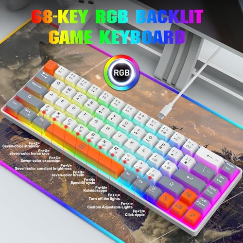 Image of Snpurdiri 60% Percent Gaming Keyboard, Ergonomic Compact RGB Backlit Small Gaming Keyboard for Windows, PC, Laptop (68 Keys, White-Grey-Orange)
