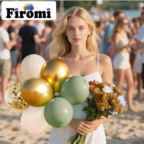Image of Firomi Metallic Chrome Gold and Sage Begie Balloons Set 12-inch 70 Pack