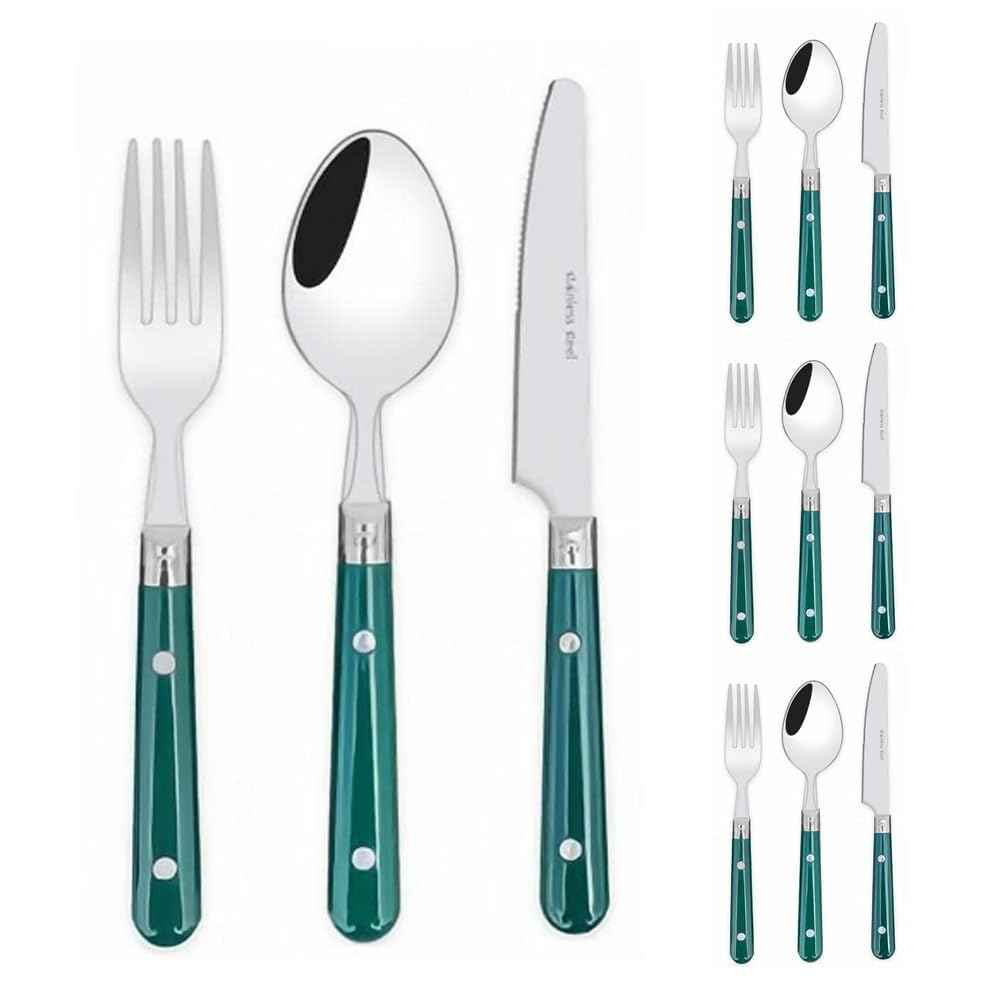 Zwei Nagel Kunststoff Griff Küche Edelstahl Besteck Geschirr Besteck Besteck Set Steak Messer Gabel Löffel Teelöffel (Grün,12 Stück)
