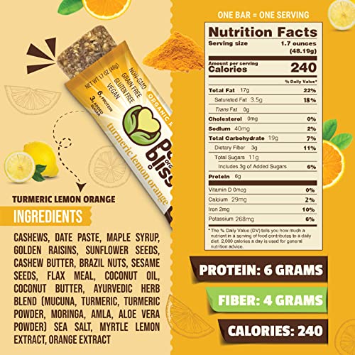 Organic Real Food Bars (Turmeric Lemon Orange) Grain Free - Paleo Friendly - Non-Gmo, Gluten Free, Vegan, Nutrition Bars, Super Food Energy Bars, Ayurvedic & Adaptogen Herb Blend, Healthy Snack, Breakfast Bars, Dairy Free, Soy Free, Pure Bliss Organics (1.7 Oz, 12-Pack Case) #TOP3
